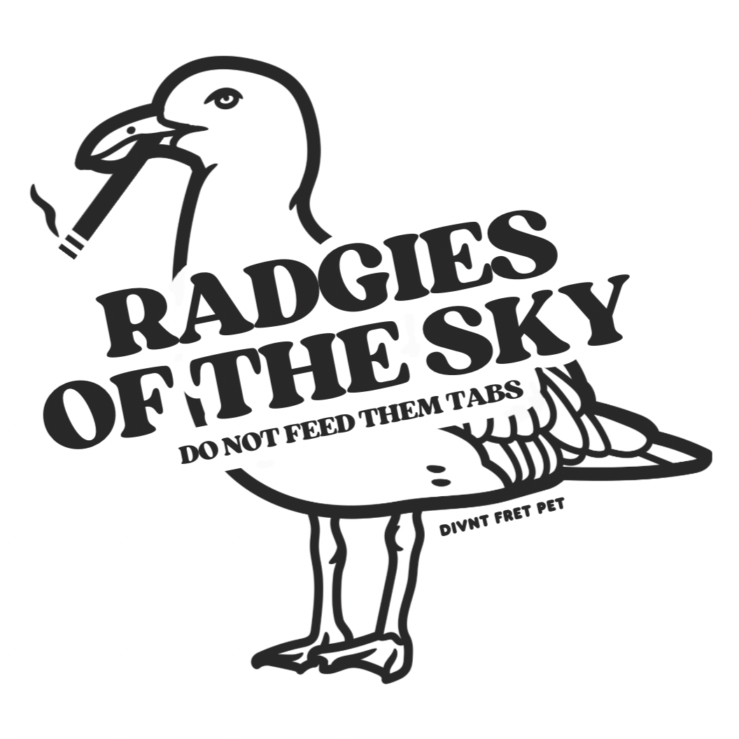 Logo with a seagull illustration and text 'Radgies of the Sky' on a white background